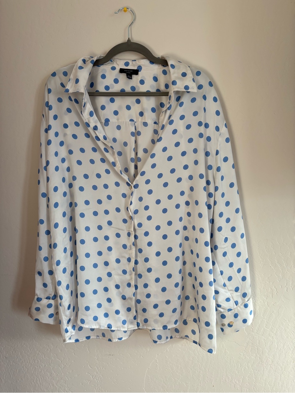 Have White Button-Down Blouse with Blue Polka Dots